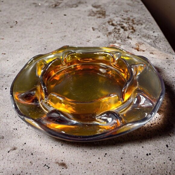 1960s Vintage Amber Glass Ashtray Dish Wavy Edges Vintage Glass Decor 8 In Wide - Picture 3 of 15